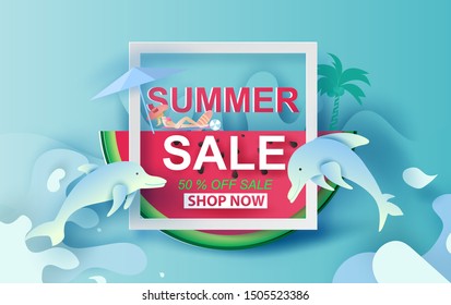 Summer Sale Banner With Watermelon.Special Offer Creative design paper cut and craft for card and poster colorful. Holiday woman sunbathing and dolphin Happy enjoy concept.Vector Illustration EPS10