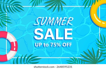 Summer sale banner. Wave sea background with lifebuoys. Summer discount special offer. Cover, card, flyer, poster template