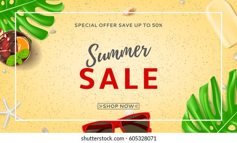 Summer sale banner with web button. Top view on sunglasses, seashells, fresh cocktail and ice cream on sea sand. Vector illustration with leaves of tropical plant.