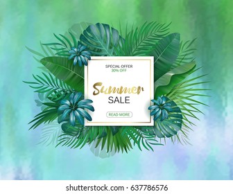 Summer sale banner. Wet green glass background