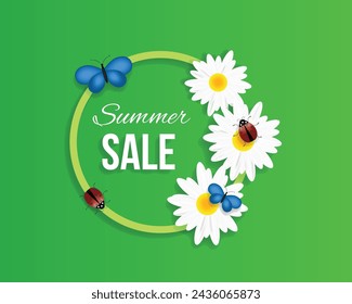 Summer Sale Banner with White Chamomiles. Summertime and nature concept vector art