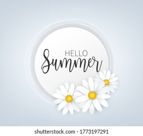 Summer sale banner. White daisy flowers tender femenine background. Promo design concept. Realistic vector illustration with lettering.