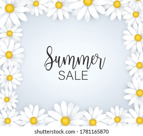 Summer sale banner. White daisy flowers tender femenine background. Promo design concept. Realistic vector illustration with lettering.