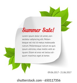 Summer sale banner. White paper sheet with curl corners and leaves. Realistic vector illustration