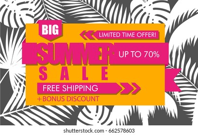 Summer sale banner with white tropical exotic palm leaves and plant on orange background. Vector bright floral design with pink text big, limited time offer, free shipping, bonus discount, up to 70%.