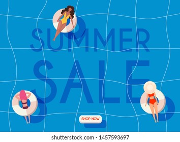 Summer Sale Banner. Women in swim suits lying on floating swimming pool mattresses. Poster, Flyer, Vector. 