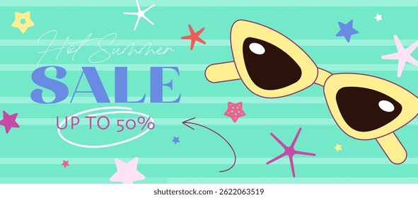 Summer sale banner with yellow cat eye sunglasses on turquoise stripes. Retro beach vibe design