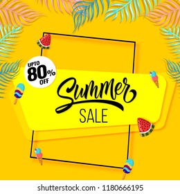 summer sale banner yellow Decorated with leaves colorful