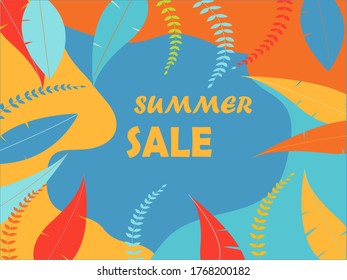 Summer sale banner with yellow, orange, blue and red leaves on wavy colorful yellow, orange and blue background. Exotic tropical leaf vector illustration. Yellow orange letters. Summer flat lay