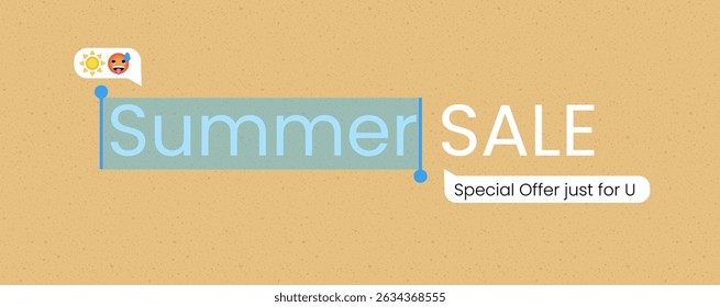 The summer sale banner. Yellow sand textured mall bg with bold trendy typography with highlight selector, Simple template design