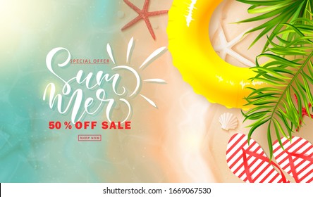Summer sale banner.Background with sea water, sea stars, yellow swimming ring, tropical leaves and flip- flops on the sand.Vector illustration