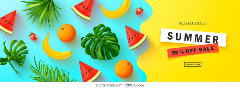 Summer Sale banner.Beautiful Background with banana,strawberry,orange,watermelon and tropical leaves. Vector illustration for website , posters,ads, coupons, promotional material.