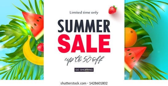 Summer Sale banner.Beautiful Background with tropical leaves, watermelon,orange,banana and strawberry. Vector illustration for website , posters,ads, coupons, promotional material.