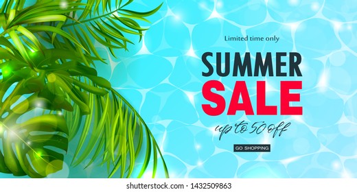 Summer Sale banner.Beautiful Background with tropical leaves and shiny blue water. Vector illustration for website , posters,ads, coupons, promotional material.