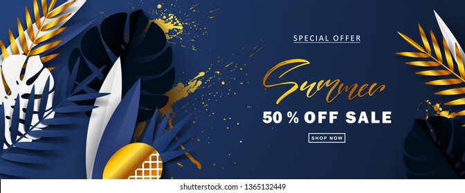 Summer Sale banner.Beautiful Background with white,blue and golden tropical leaves. Vector illustration for website , posters,ads, coupons, promotional material