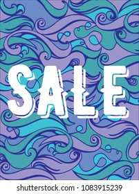 Summer sale banner.Exotic floral design for banner, flyer, invitation, poster, web site or greeting card. Vector Color Hand drawing Wave Sea Background .Abstract ocean texture. 