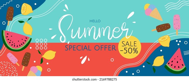 Summer sale banner.Exotic floral design for banner, flyer, invitation, poster, web site or greeting card. Colorful Summer background banners design. Horizontal poster, greeting card, header.