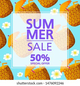 Summer sale banner.Offers a 50% discount.Pineapple tropical fruit pattern.Flat vector illustration.