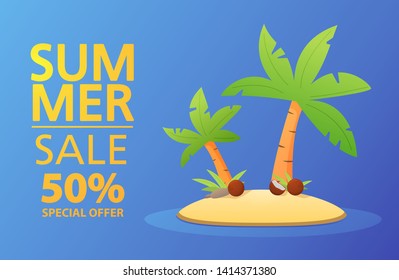 Summer sale banner.Offers a 50% discount.Tropical island with palm trees and coconuts.Sea and beach theme.Horizontal sales poster concept.Flat vector illustration.
