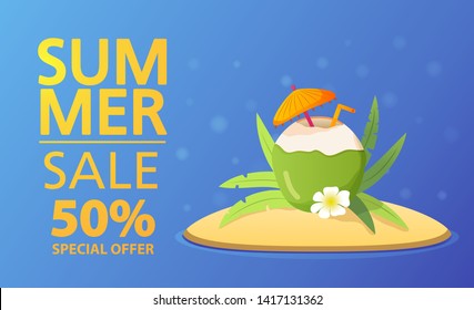 Summer sale banner.Offers a 50% discount.Tropical island with palm trees and green coconut.Flat vector illustration.Fresh cocktail of coconuts.Exotic drink coconut water with an umbrella and a straw.