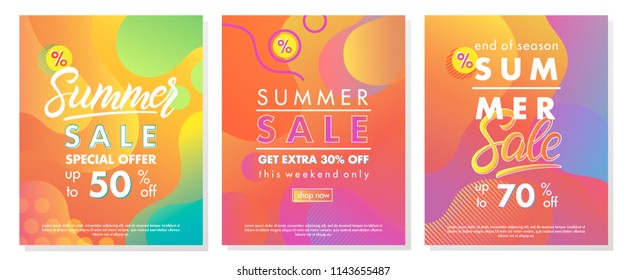 Summer sale banners with bright gradient background,shapes and geometric elements in memphis style.Sale season card perfect for prints, flyers,banners, promotion,special offer and more.