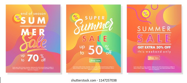 Summer sale banners with bright gradient background,shapes and geometric elements in memphis style.Sale season card perfect for prints, flyers,banners, promotion,special offer and more.