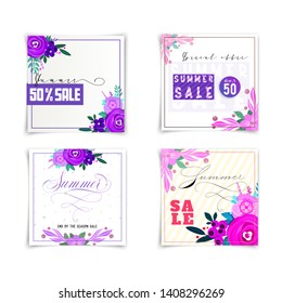Summer sale banners decorate with flowers and plants. Isolated objects