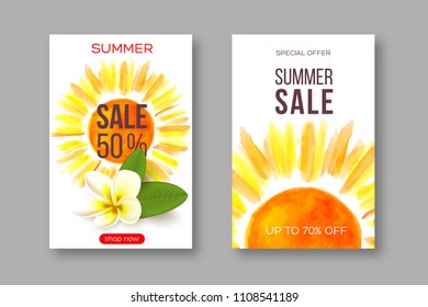 Summer sale banners with handdrawn watercolor sun and tropical flower plumeria. Template for seasonal discounts. White background. Vector illustration.