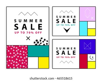 Summer sale banners. Memphis and mondrian style. Vector illustration. Simple forms. The golden section