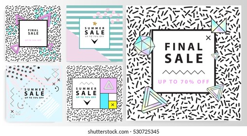 Summer sale banners. Memphis and mondrian style. Vector illustration. Simple forms. The golden section.