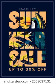 Summer sale banners modern texts parrot leaves decor