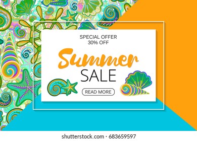 Summer sale banners on bright background with hand drawing marine life. Vector