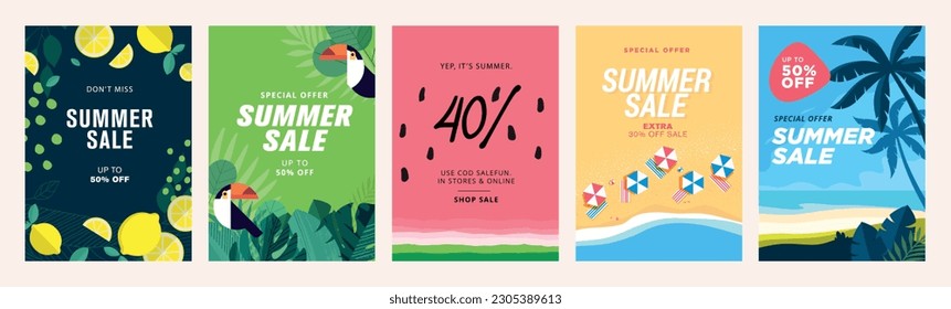 Summer sale banners and posters. Set of vector illustrations for web and social media banners, print material, newsletter designs, coupons, marketing.