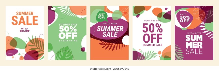 Summer sale banners and posters. Set of vector illustrations for web and social media banners, print material, newsletter designs, coupons, marketing.