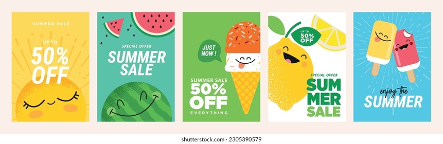 Carteles y afiches de venta de verano. Conjunto de ilustraciones vectoriales para banners web y de medios sociales, material impreso, diseños de boletines, cupones, marketing.