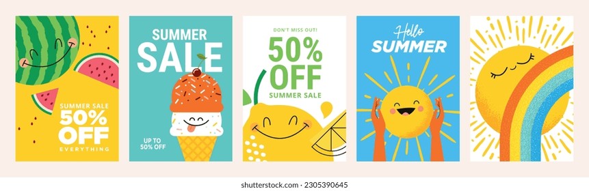 Summer sale banners and posters. Set of vector illustrations for web and social media banners, print material, newsletter designs, coupons, marketing.