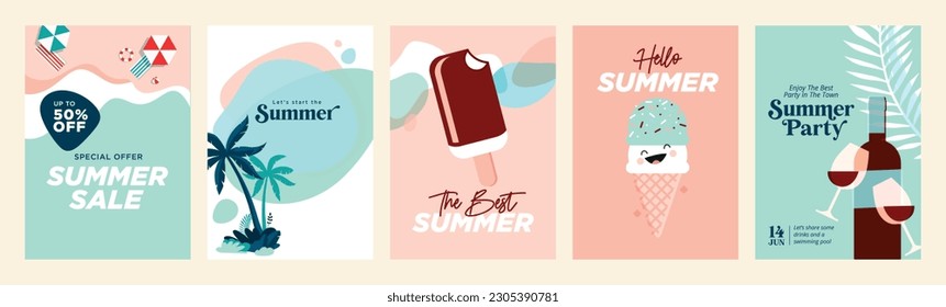 Summer sale banners and posters. Set of vector illustrations for web and social media banners, print material, newsletter designs, coupons, marketing.