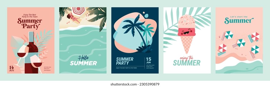 Summer sale banners and posters. Set of vector illustrations for web and social media banners, print material, newsletter designs, coupons, marketing.