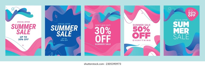 Summer sale banners and posters. Set of vector illustrations for web and social media banners, print material, newsletter designs, coupons, marketing.