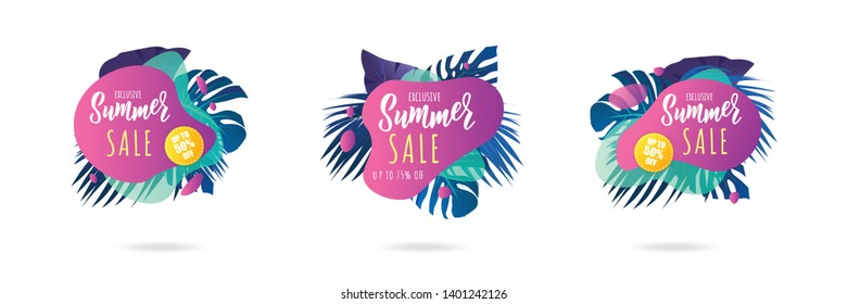Summer sale banners set. Summer abstract gradient modern background with palm leaves. Flowing liquid shapes.  Promo, flyer, presentation, invitation, card template.  Vector illustration.
