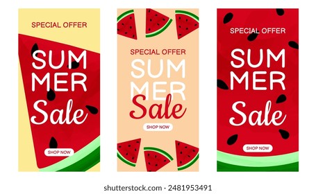 Summer sale banners set. Hand drawn watermelon slices with watercolor paint texture. Vector illustration