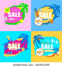 Summer Sale Banners Set with Palm Trees, Yacht, Starfish, Surf Board, Slippers, Starfish, Tag, Icon Grungy Style Isolated, Summertime Promo Advertising Poster, Ad, Cartoon Flat Vector Illustration