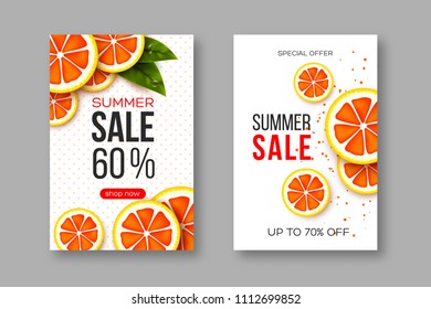 Summer sale banners with sliced grapefruit pieces, leaves and dotted pattern. White background - template for seasonal discounts, vector illustration.