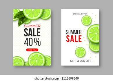 Summer sale banners with sliced lime pieces, leaves and dotted pattern. White background - template for seasonal discounts, vector illustration.