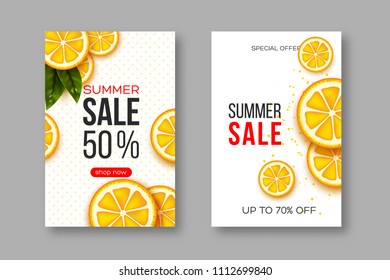 Summer sale banners with sliced orange pieces, leaves and dotted pattern. White background - template for seasonal discounts, vector illustration.