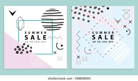 Summer sale banners. Square. Memphis style. Vector illustration