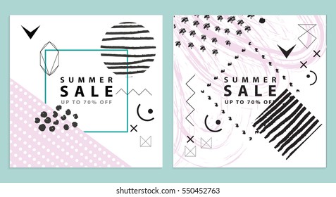 Summer sale banners. Square. Memphis style. Vector illustration