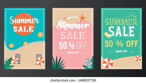 Summer sale banners with tropical leaves and vintage background, design for banner, flyer, invitation, poster, web site or greeting card. Vector - illustration