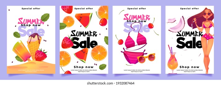 Summer sale banners with woman in bikini, cocktail, ice cream and fresh fruits. Social media post template for promotion and advertising. Vector set of posters with cartoon girl in swimsuit