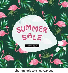 Summer sale banner.Sale poster template.Tropical,exotic pattern background with palm leaves and pink flamingos.Vector illustration.